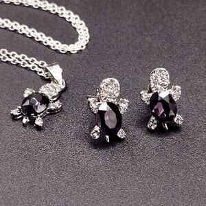 925 Silver Turtle Necklace Earrings Set CZ Amethyst Women's Boho Birthday Gift